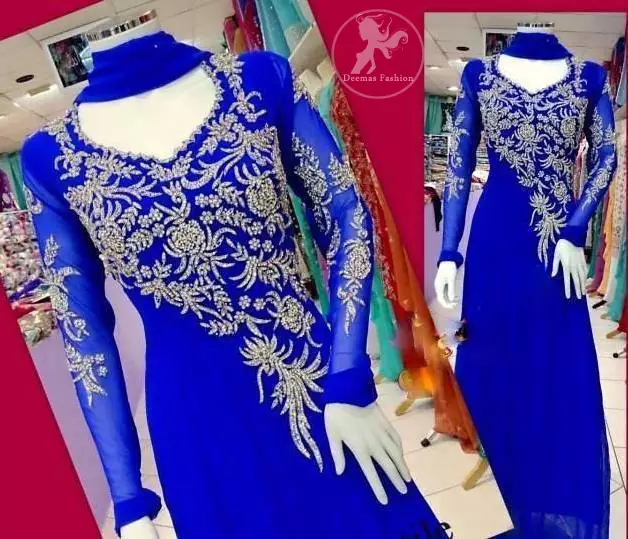 Electric Blue A-line Frock & Churidar with Silver Embellishment